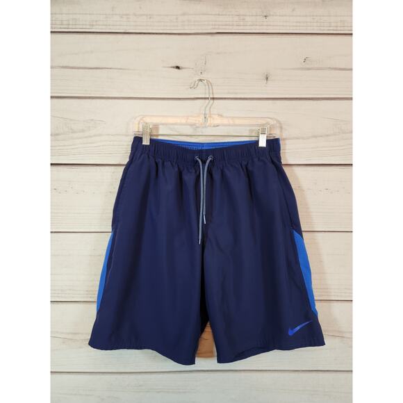 Nike Mens Navy Blue Solid Elastic Waist High Rise Trunks Swim Shorts Size Medium - Picture 1 of 7